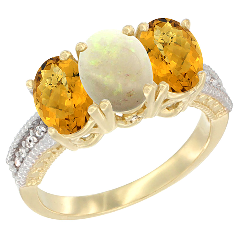 10K Yellow Gold Diamond Natural Opal &amp; Whisky Quartz Ring 3-Stone 7x5 mm Oval, sizes 5 - 10