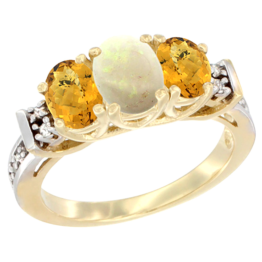 14K Yellow Gold Natural Opal &amp; Whisky Quartz Ring 3-Stone Oval Diamond Accent