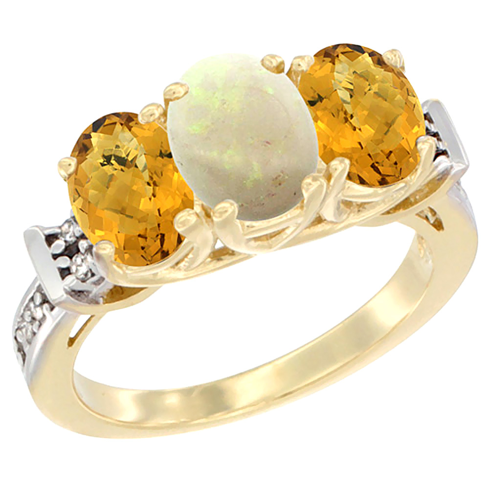 14K Yellow Gold Natural Opal & Whisky Quartz Sides Ring 3-Stone Oval Diamond Accent, sizes 5 - 10