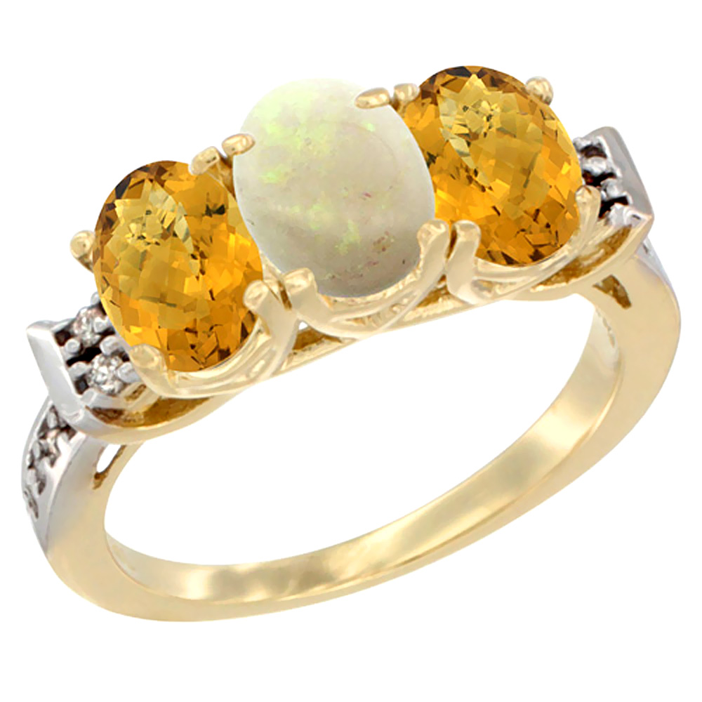 10K Yellow Gold Natural Opal & Whisky Quartz Sides Ring 3-Stone Oval 7x5 mm Diamond Accent, sizes 5 - 10