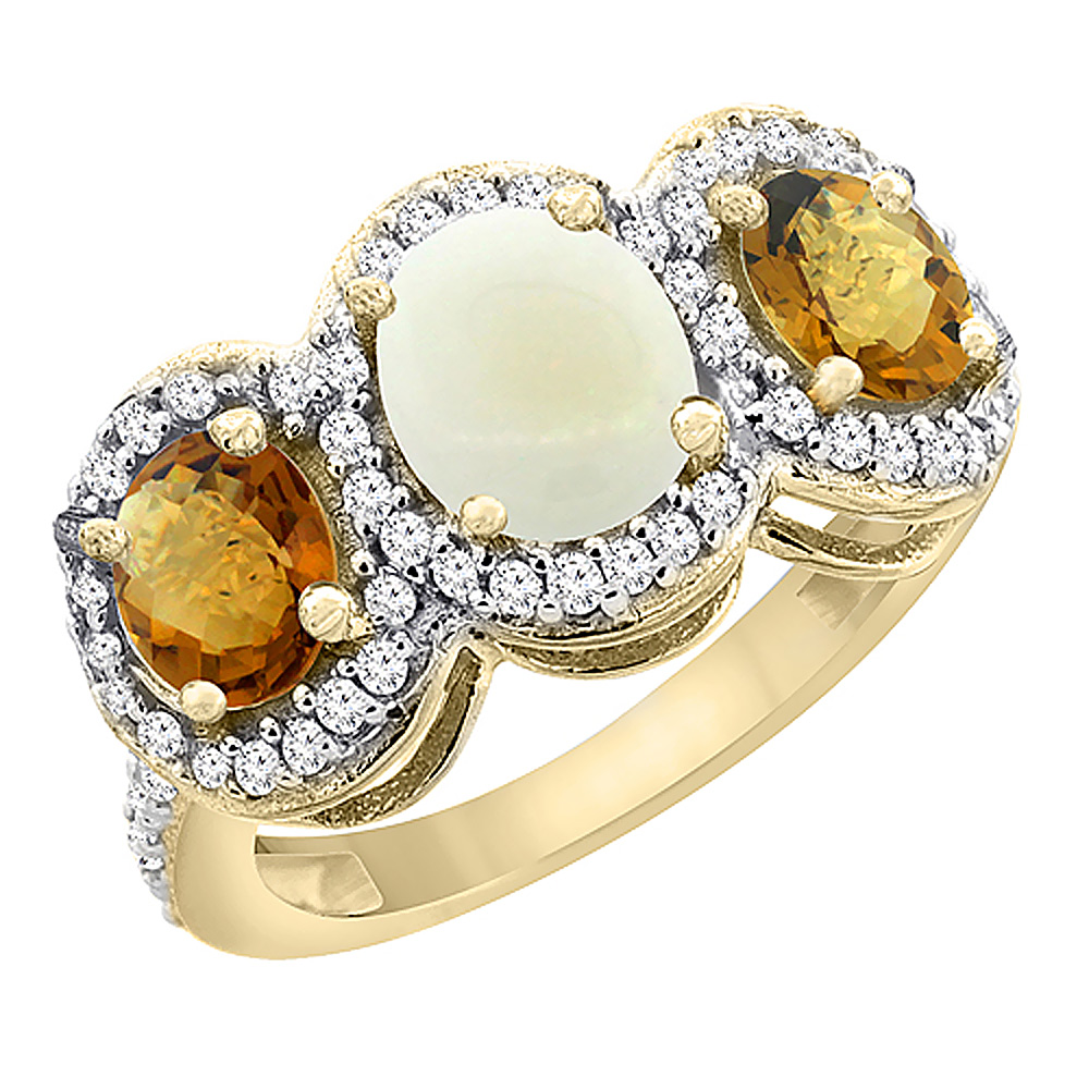 14K Yellow Gold Natural Opal & Whisky Quartz 3-Stone Ring Oval Diamond Accent, sizes 5 - 10