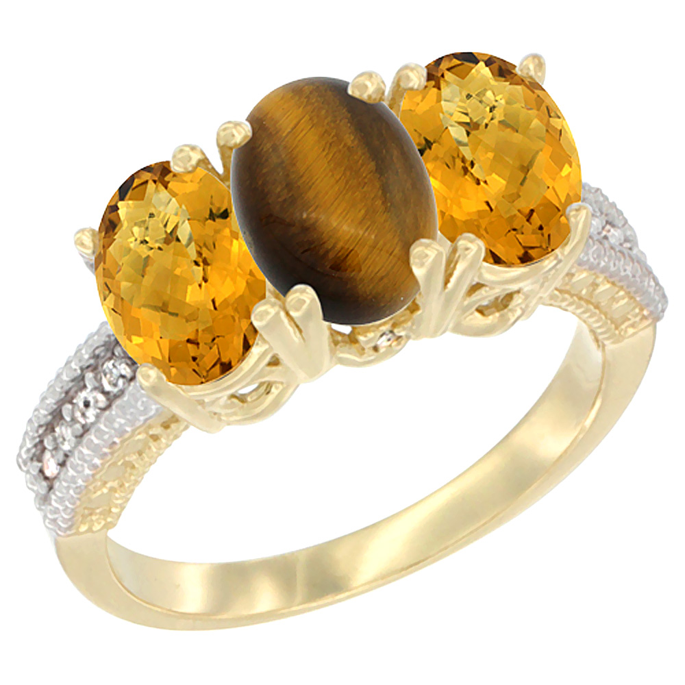 10K Yellow Gold Diamond Natural Tiger Eye &amp; Whisky Quartz Ring 3-Stone 7x5 mm Oval, sizes 5 - 10