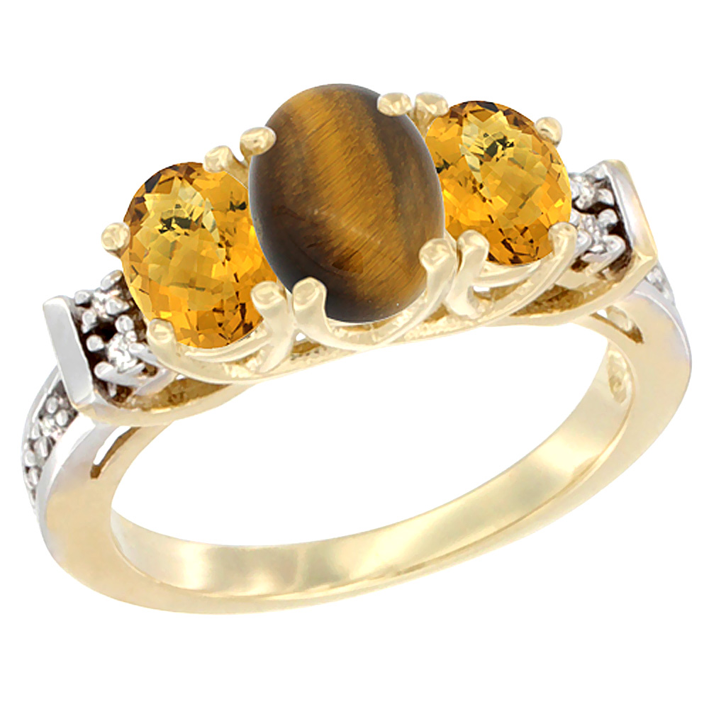 14K Yellow Gold Natural Tiger Eye &amp; Whisky Quartz Ring 3-Stone Oval Diamond Accent