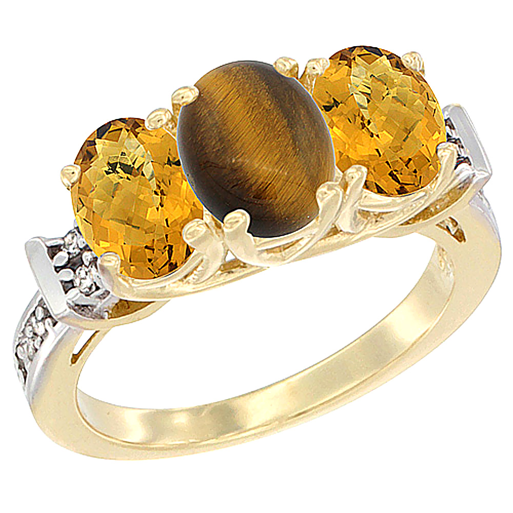 10K Yellow Gold Natural Tiger Eye & Whisky Quartz Sides Ring 3-Stone Oval Diamond Accent, sizes 5 - 10