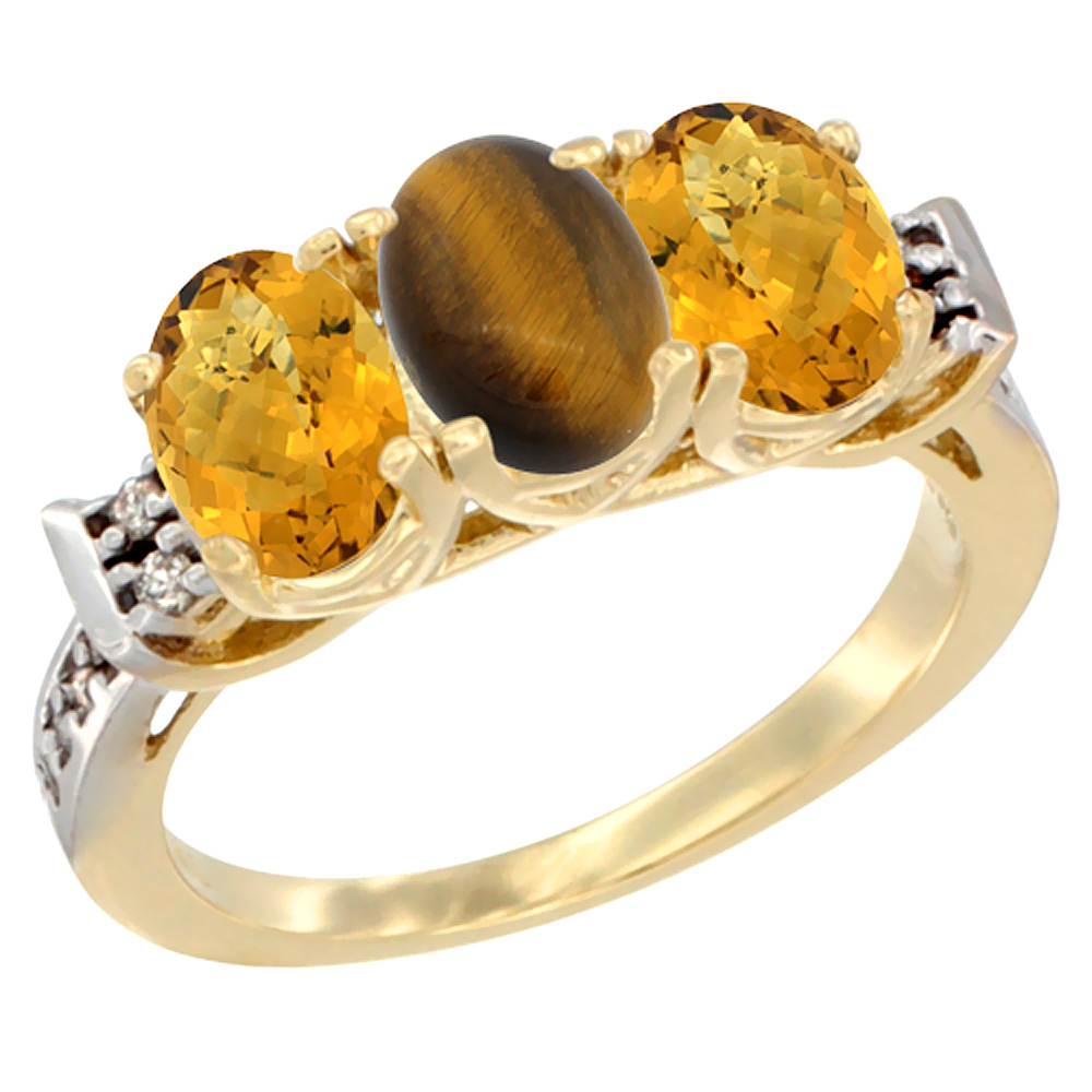 10K Yellow Gold Natural Tiger Eye &amp; Whisky Quartz Sides Ring 3-Stone Oval 7x5 mm Diamond Accent, sizes 5 - 10