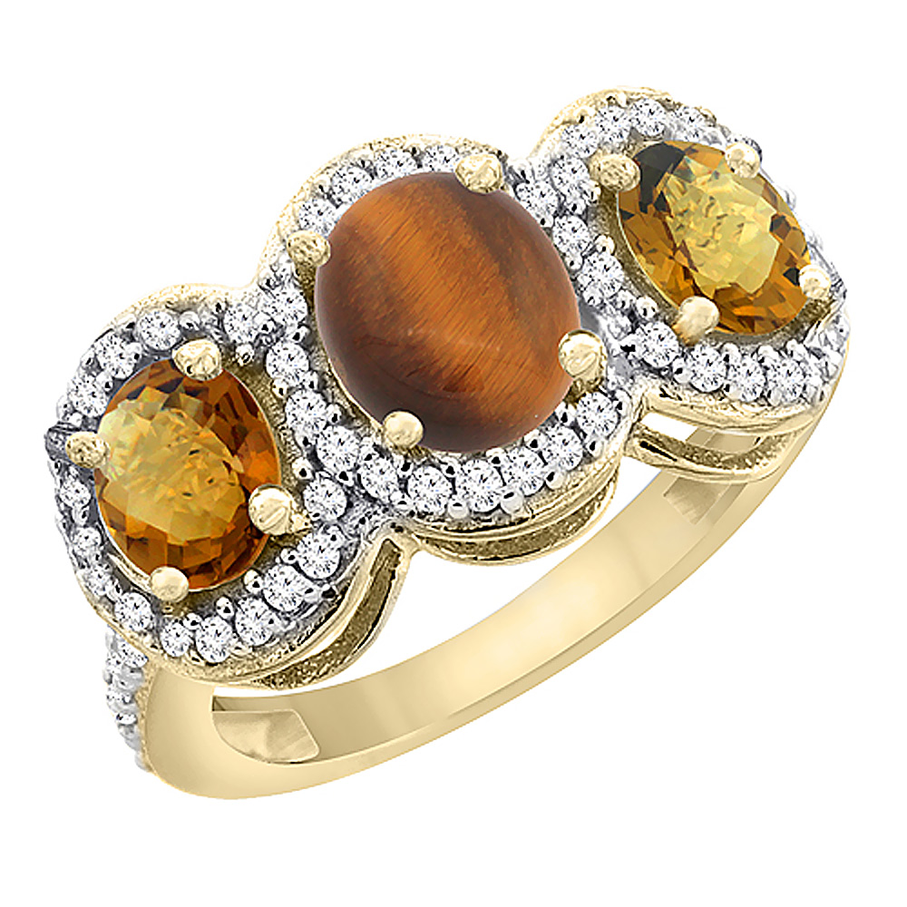 14K Yellow Gold Natural Tiger Eye & Whisky Quartz 3-Stone Ring Oval Diamond Accent, sizes 5 - 10