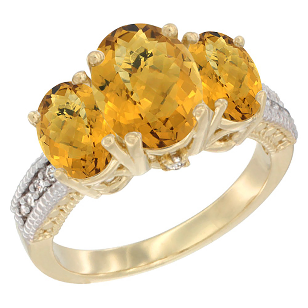 10K Yellow Gold Diamond Natural Whisky Quartz Ring 3-Stone Oval 8x6mm, sizes5-10