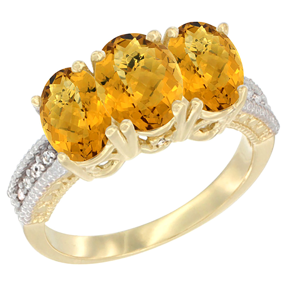 14K Yellow Gold Natural Whisky Quartz Ring 3-Stone 7x5 mm Oval Diamond Accent, sizes 5 - 10