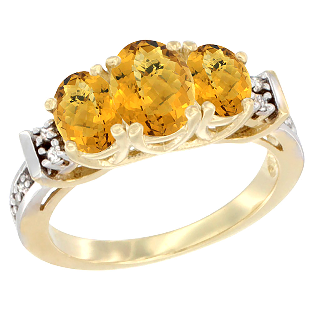 10K Yellow Gold Natural Whisky Quartz Ring 3-Stone Oval Diamond Accent