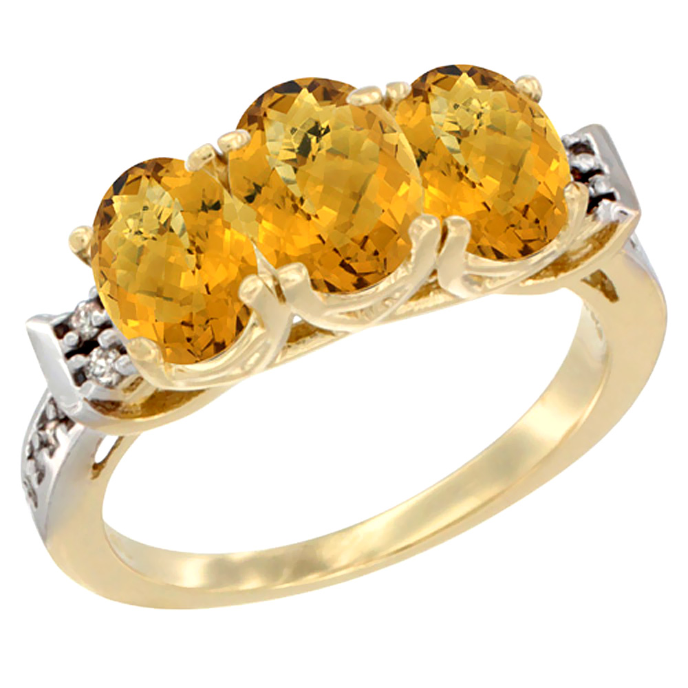 14K Yellow Gold Natural Whisky Quartz Ring 3-Stone 7x5 mm Oval Diamond Accent, sizes 5 - 10