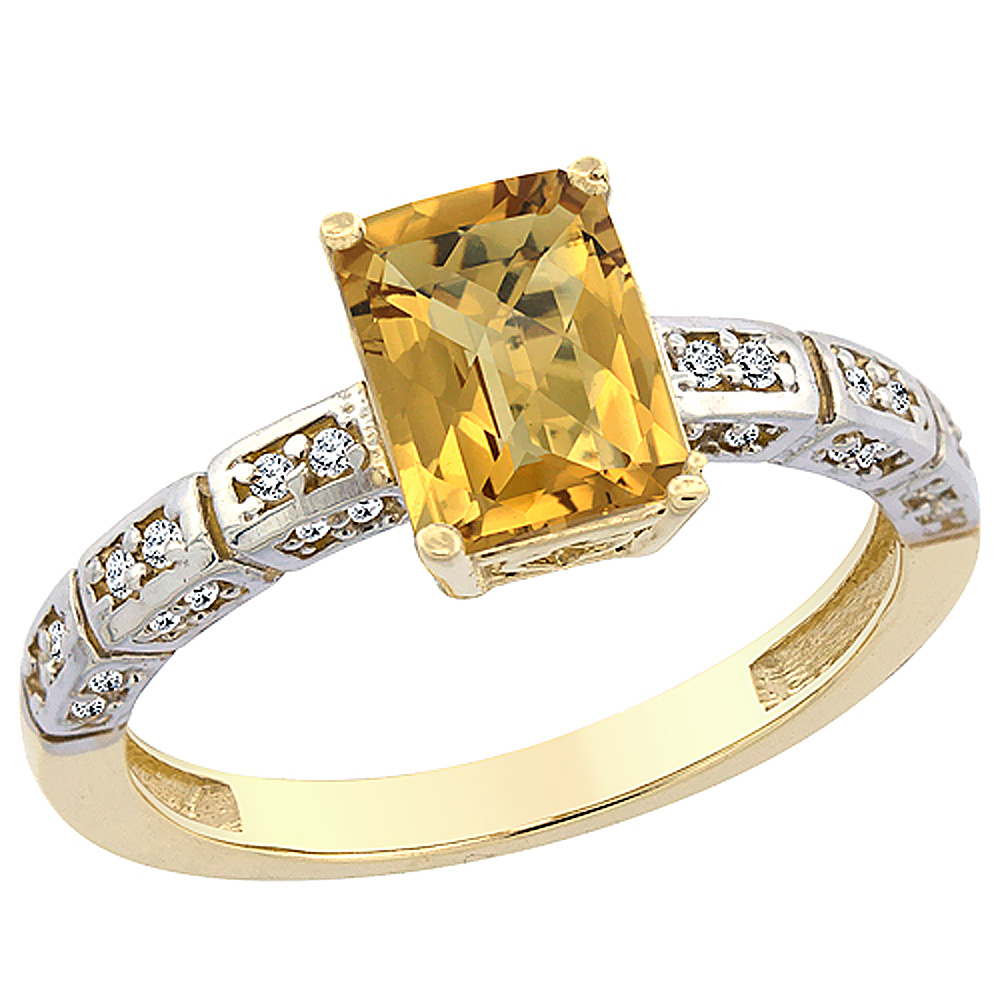 14K Yellow Gold Natural Whisky Quartz Octagon 8x6 mm with Diamond Accents, sizes 5 - 10