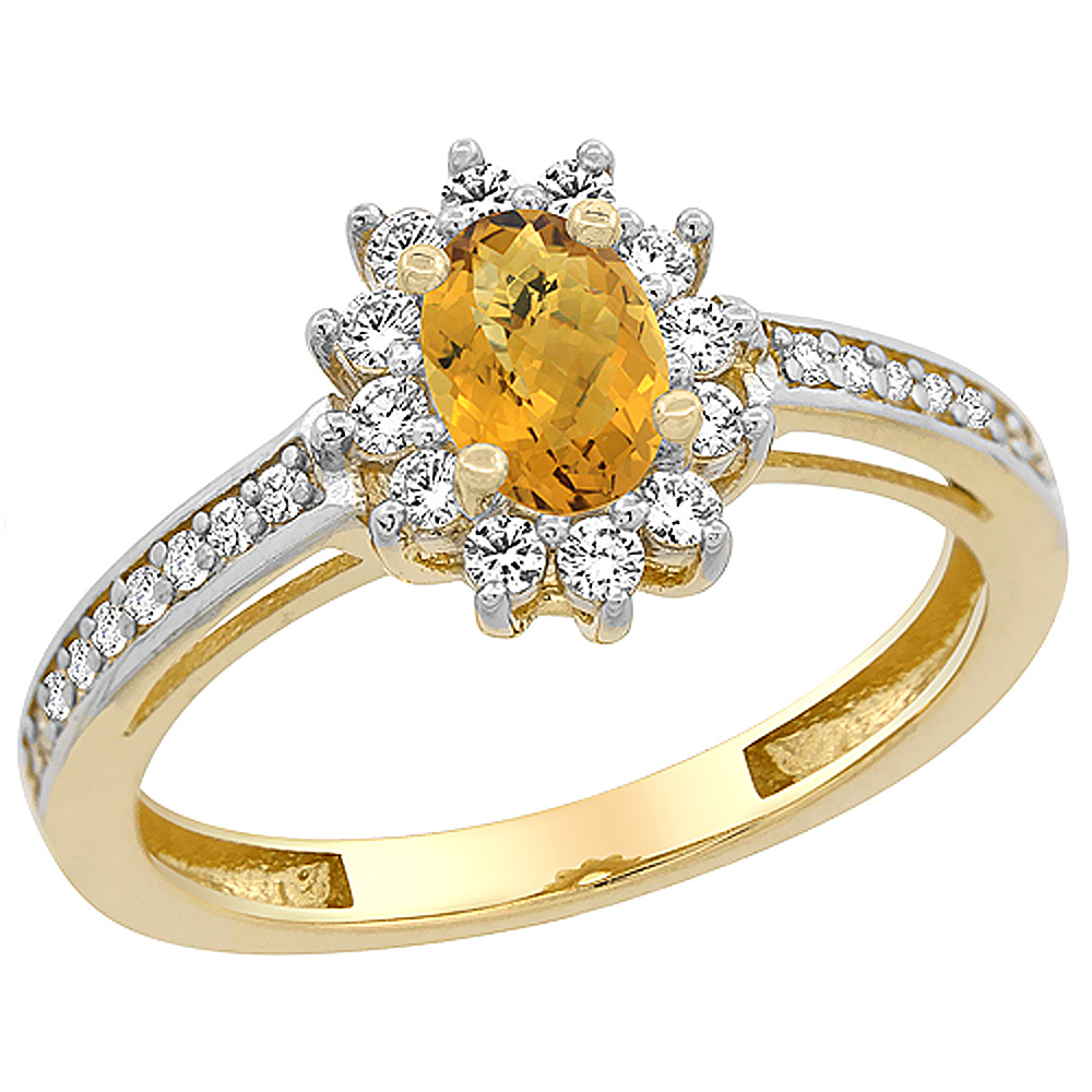 10K Yellow Gold Natural Whisky Quartz Flower Halo Ring Oval 6x4 mm Diamond Accents, sizes 5 - 10