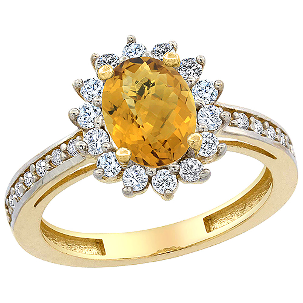 14K Yellow Gold Natural Whisky Quartz Floral Halo Ring Oval 8x6mm Diamond Accents, sizes 5 - 10