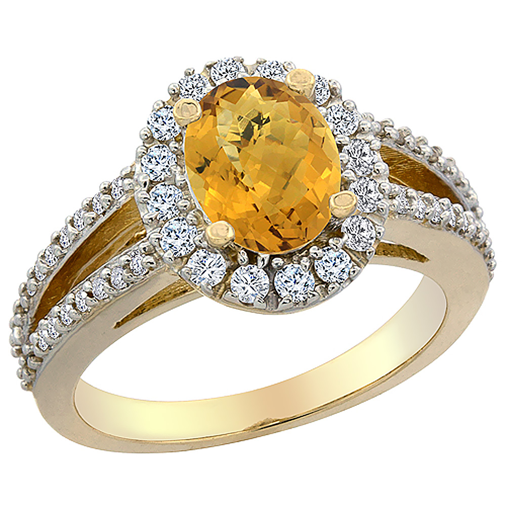10K Yellow Gold Natural Whisky Quartz Halo Ring Oval 8x6 mm with Diamond Accents, sizes 5 - 10