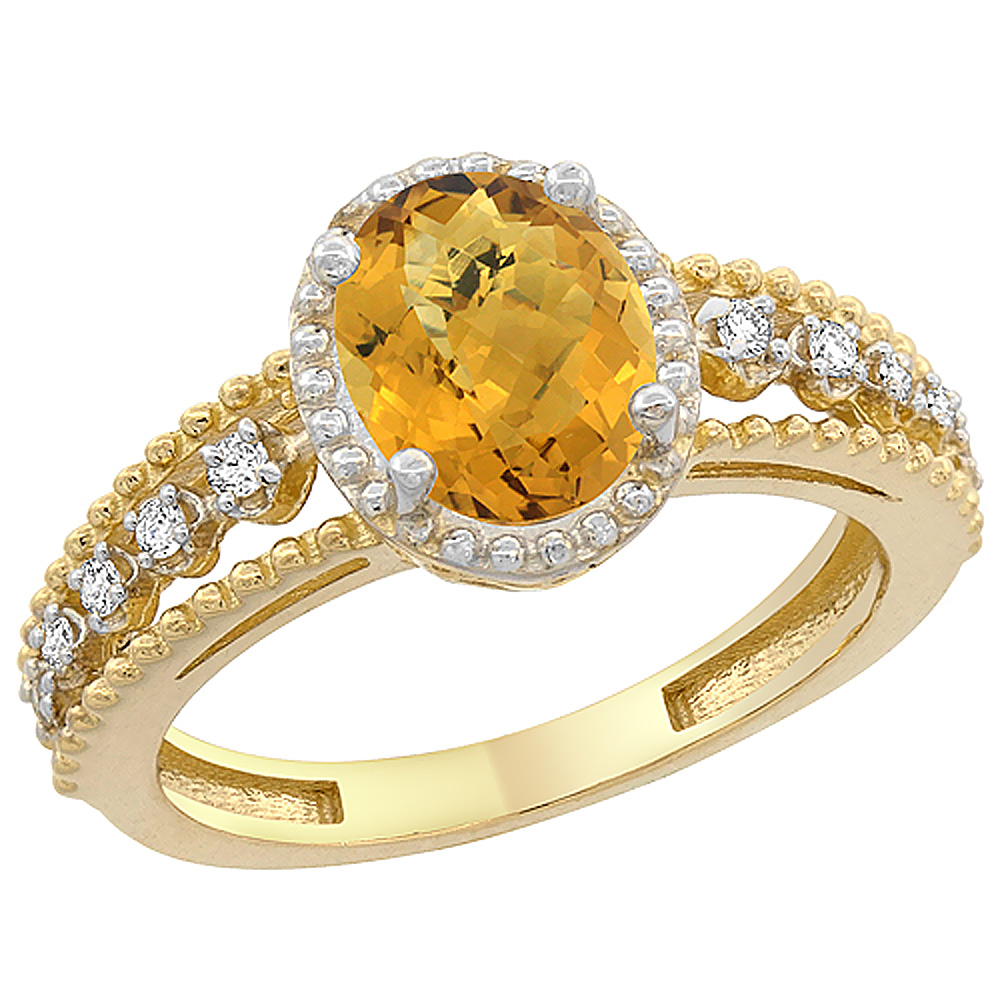 14K Yellow Gold Natural Whisky Quartz Ring Oval 9x7 mm Floating Diamond Accents, sizes 5 - 10