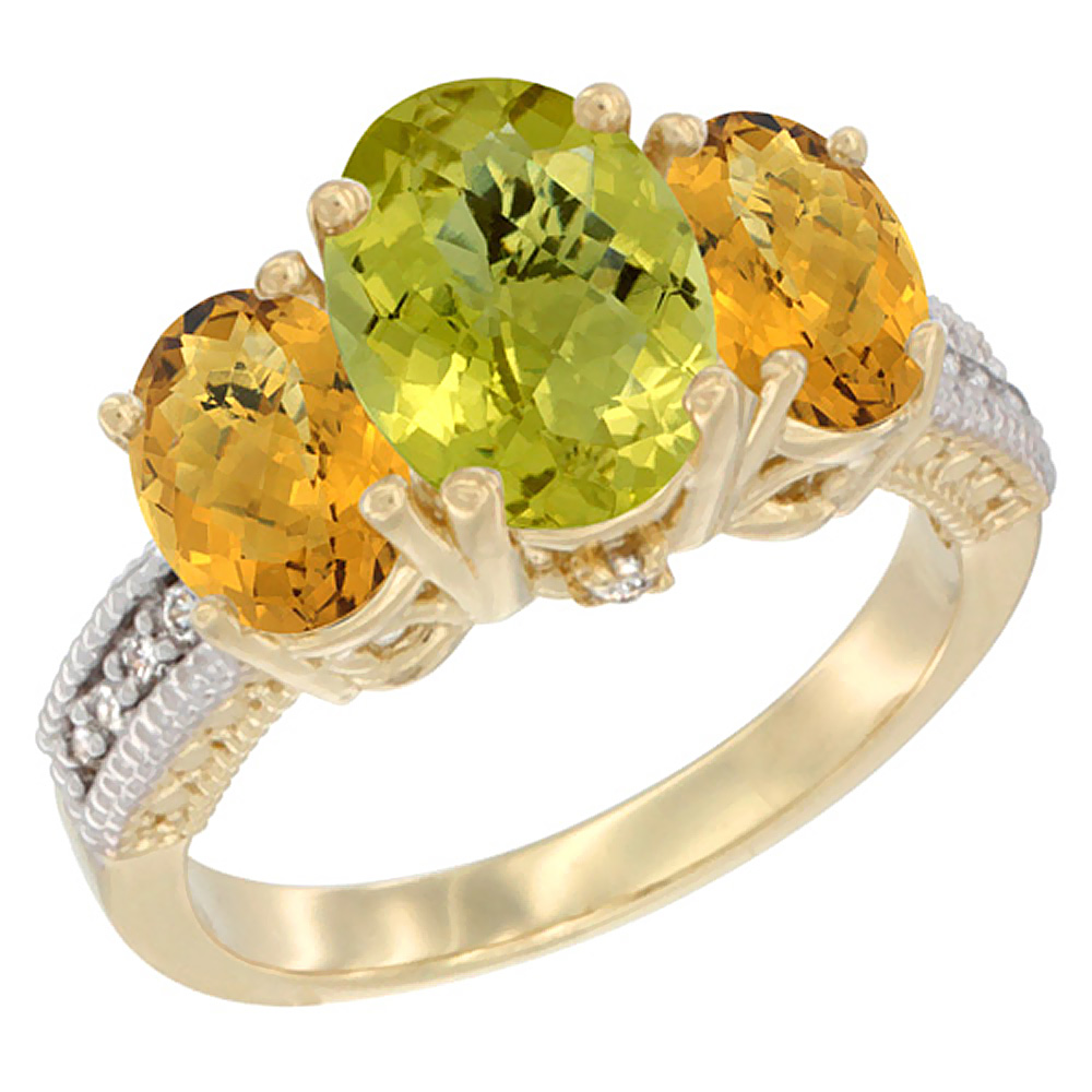 10K Yellow Gold Diamond Natural Lemon Quartz Ring 3-Stone Oval 8x6mm with Whisky Quartz, sizes5-10