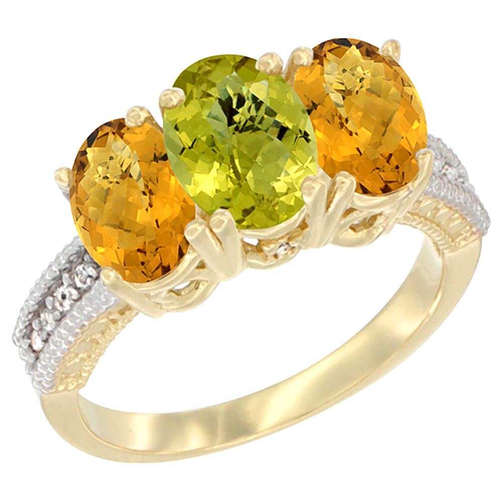 14K Yellow Gold Natural Lemon Quartz Ring with Whisky Quartz 3-Stone 7x5 mm Oval Diamond Accent, sizes 5 - 10