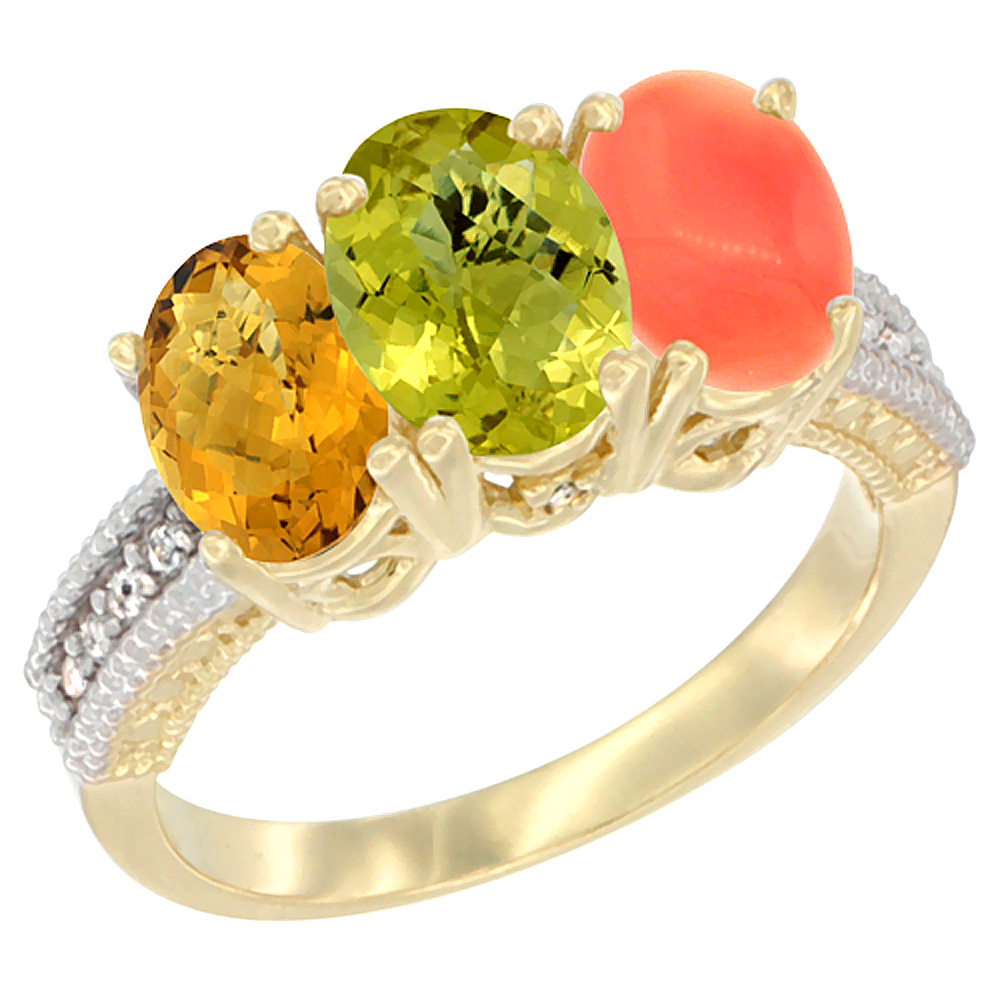 14K Yellow Gold Natural Whisky Quartz, Lemon Quartz Ring with Coral Ring 3-Stone 7x5 mm Oval Diamond Accent, sizes 5 - 10