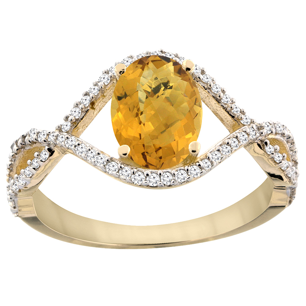14K Yellow Gold Natural Whisky Quartz Ring Oval 8x6 mm Infinity Diamond Accents, sizes 5 - 10