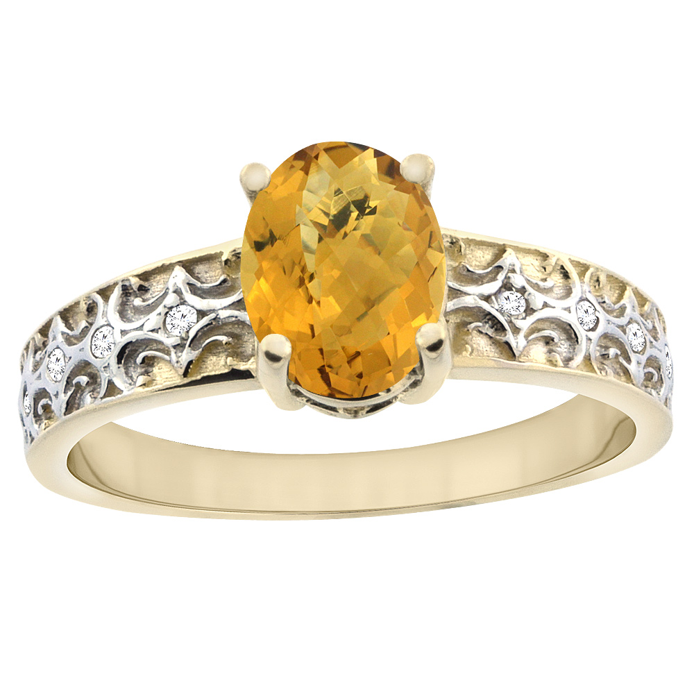 14K Yellow Gold Natural Whisky Quartz Ring Oval 8x6 mm Diamond Accents, sizes 5 - 10