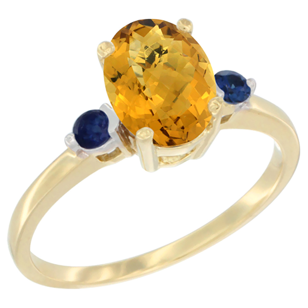 10K Yellow Gold Natural Whisky Quartz Ring Oval 9x7 mm Blue Sapphire Accent, sizes 5 to 10