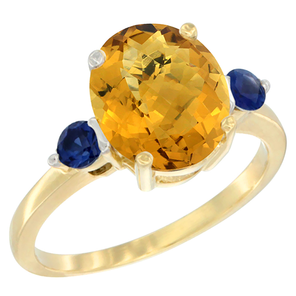 10K Yellow Gold 10x8mm Oval Natural Whisky Quartz Ring for Women Blue Sapphire Side-stones sizes 5 - 10