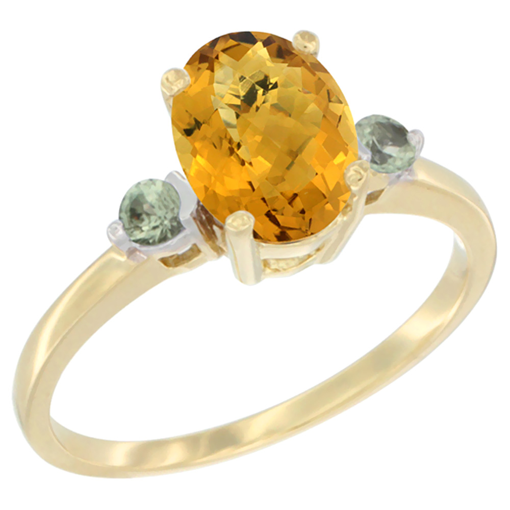 14K Yellow Gold Natural Whisky Quartz Ring Oval 9x7 mm Green Sapphire Accent, sizes 5 to 10