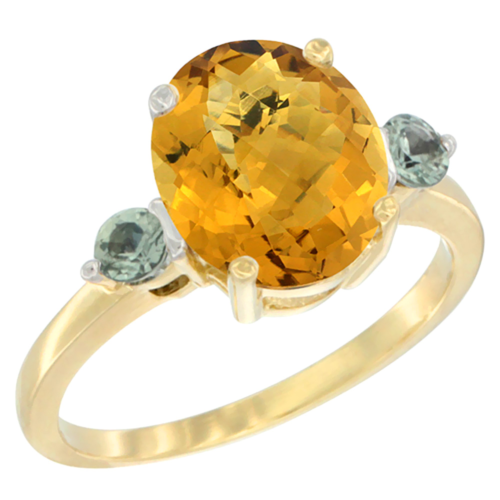 10K Yellow Gold 10x8mm Oval Natural Whisky Quartz Ring for Women Green Sapphire Side-stones sizes 5 - 10