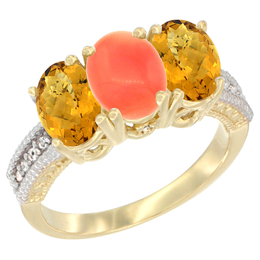 10K Yellow Gold Diamond Natural Coral &amp; Whisky Quartz Ring 3-Stone 7x5 mm Oval, sizes 5 - 10