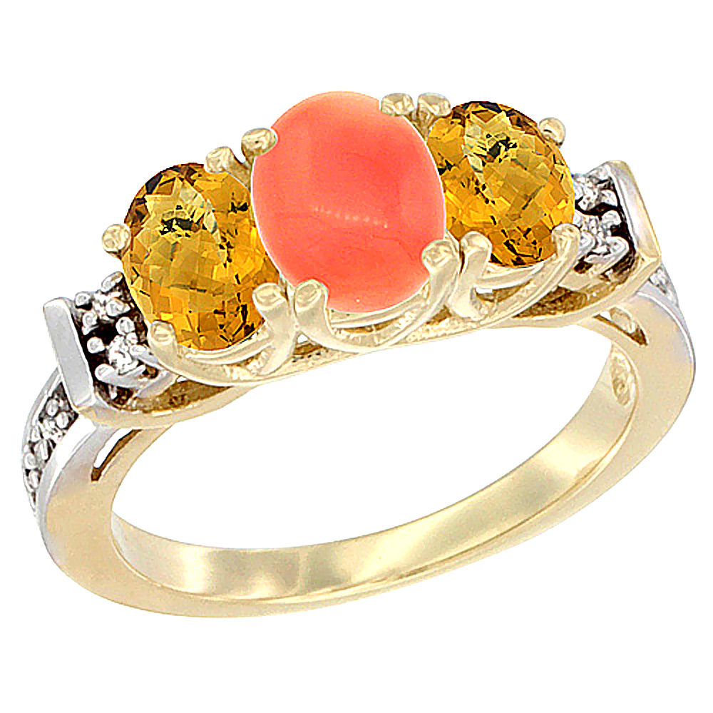 14K Yellow Gold Natural Coral &amp; Whisky Quartz Ring 3-Stone Oval Diamond Accent