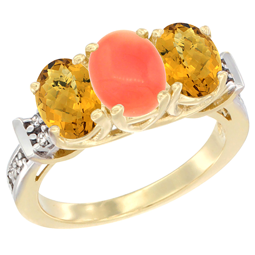 10K Yellow Gold Natural Coral & Whisky Quartz Sides Ring 3-Stone Oval Diamond Accent, sizes 5 - 10