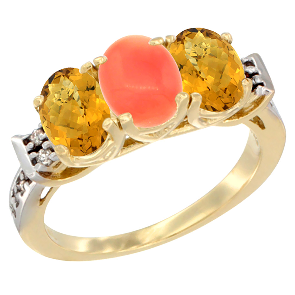 14K Yellow Gold Natural Coral &amp; Whisky Quartz Ring 3-Stone 7x5 mm Oval Diamond Accent, sizes 5 - 10