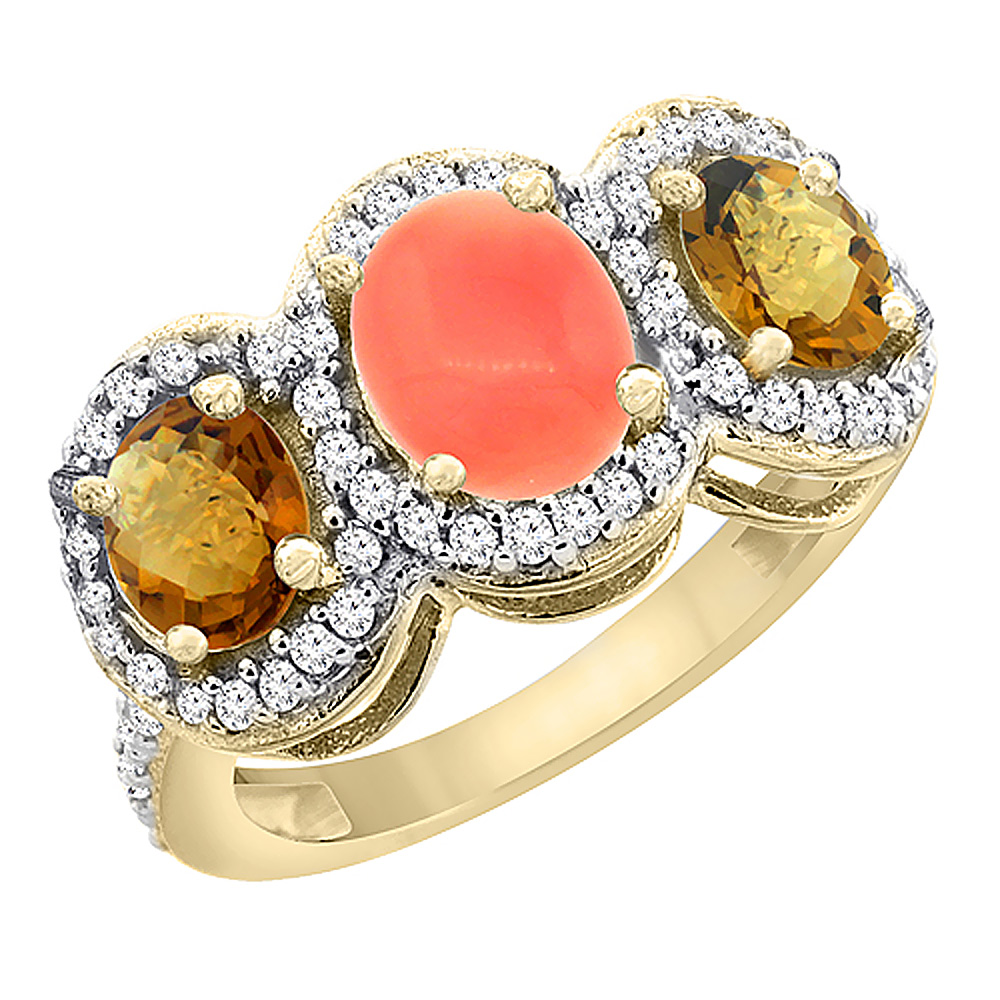 10K Yellow Gold Natural Coral &amp; Whisky Quartz 3-Stone Ring Oval Diamond Accent, sizes 5 - 10