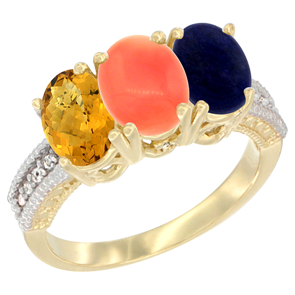 14K Yellow Gold Natural Whisky Quartz, Coral Ring with Lapis Ring 3-Stone 7x5 mm Oval Diamond Accent, sizes 5 - 10