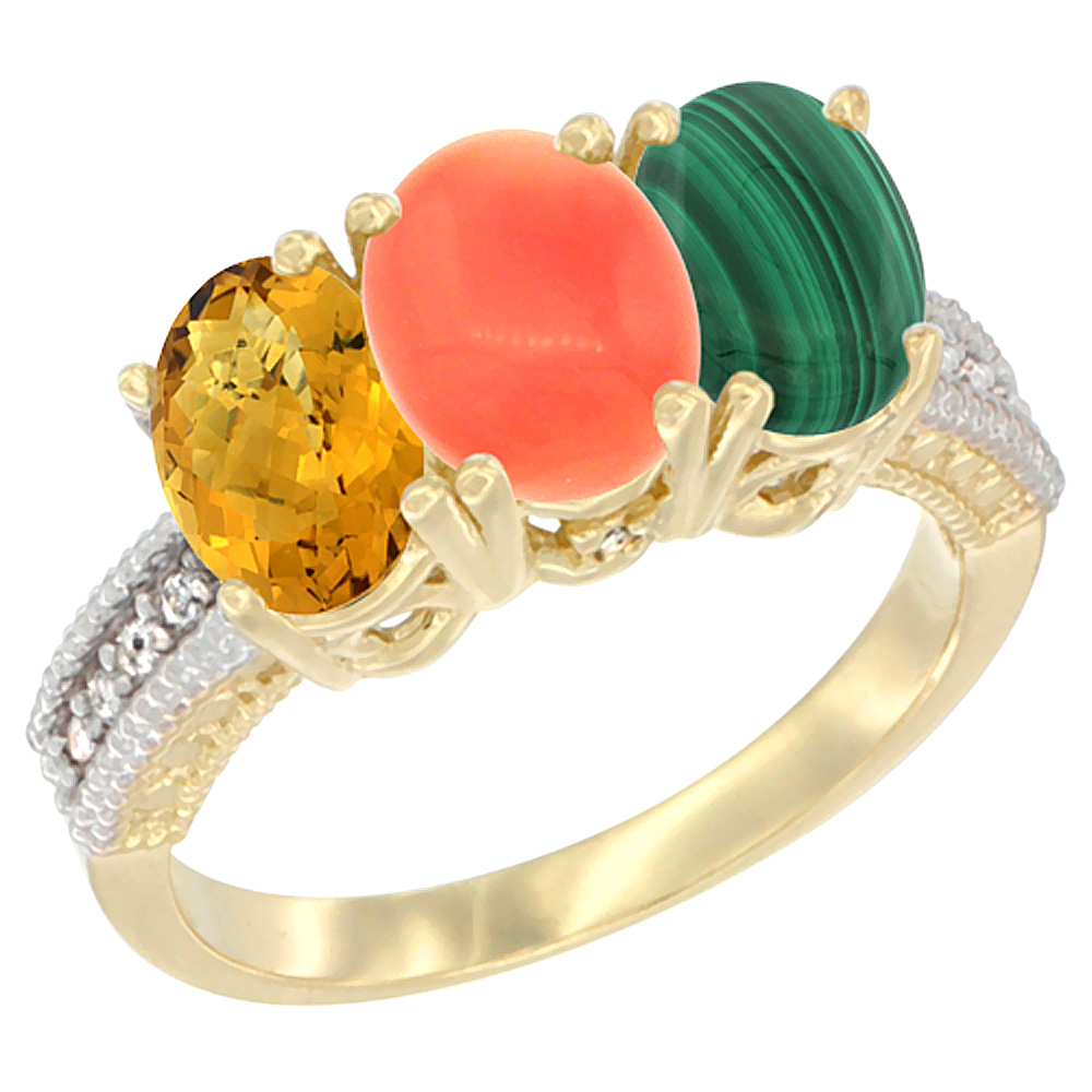 14K Yellow Gold Natural Whisky Quartz, Coral Ring with Malachite Ring 3-Stone 7x5 mm Oval Diamond Accent, sizes 5 - 10