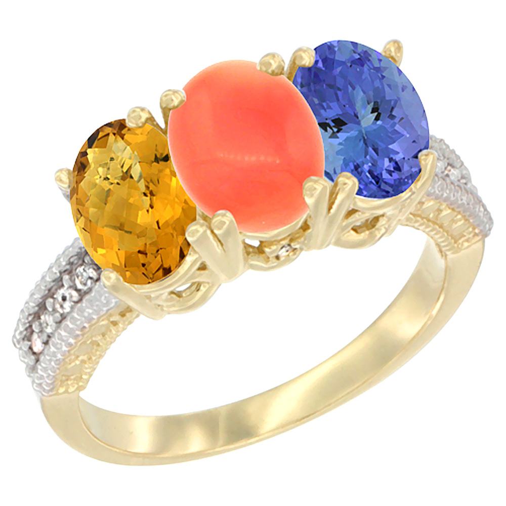 14K Yellow Gold Natural Whisky Quartz, Coral Ring with Tanzanite Ring 3-Stone 7x5 mm Oval Diamond Accent, sizes 5 - 10