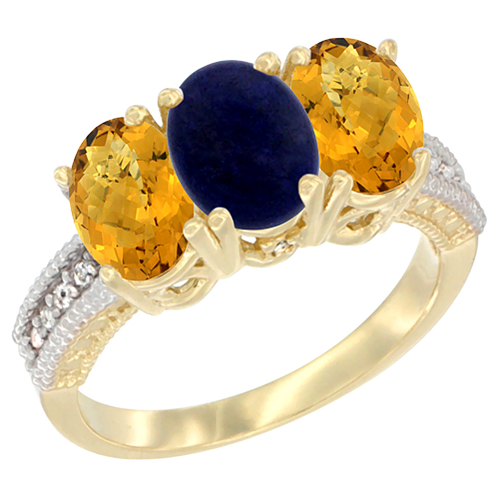 14K Yellow Gold Natural Lapis Ring with Whisky Quartz 3-Stone 7x5 mm Oval Diamond Accent, sizes 5 - 10