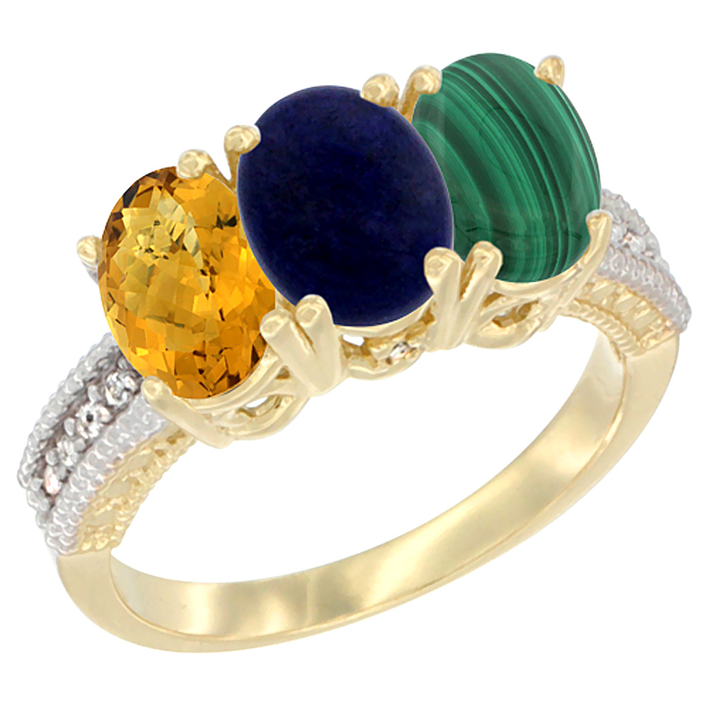 14K Yellow Gold Natural Whisky Quartz, Lapis Ring with Malachite Ring 3-Stone 7x5 mm Oval Diamond Accent, sizes 5 - 10