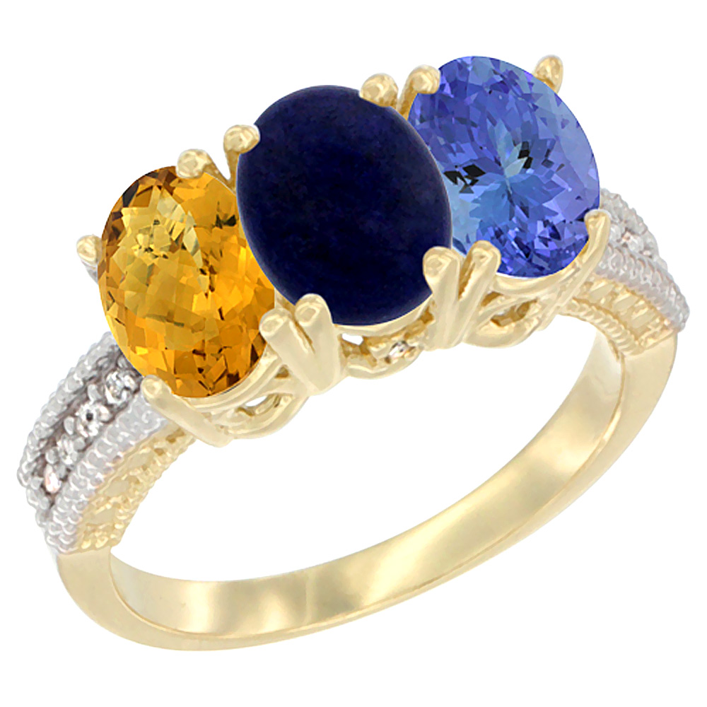 14K Yellow Gold Natural Whisky Quartz, Lapis Ring with Tanzanite Ring 3-Stone 7x5 mm Oval Diamond Accent, sizes 5 - 10