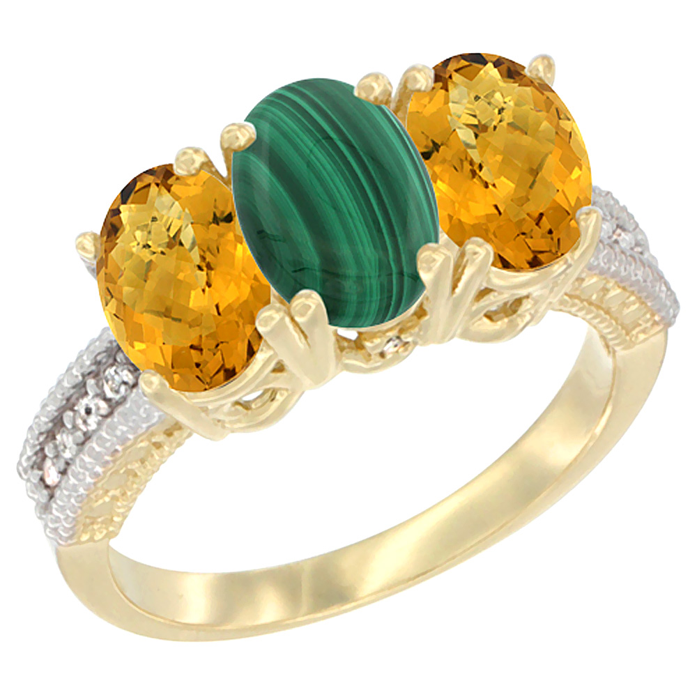 14K Yellow Gold Natural Malachite Ring with Whisky Quartz 3-Stone 7x5 mm Oval Diamond Accent, sizes 5 - 10