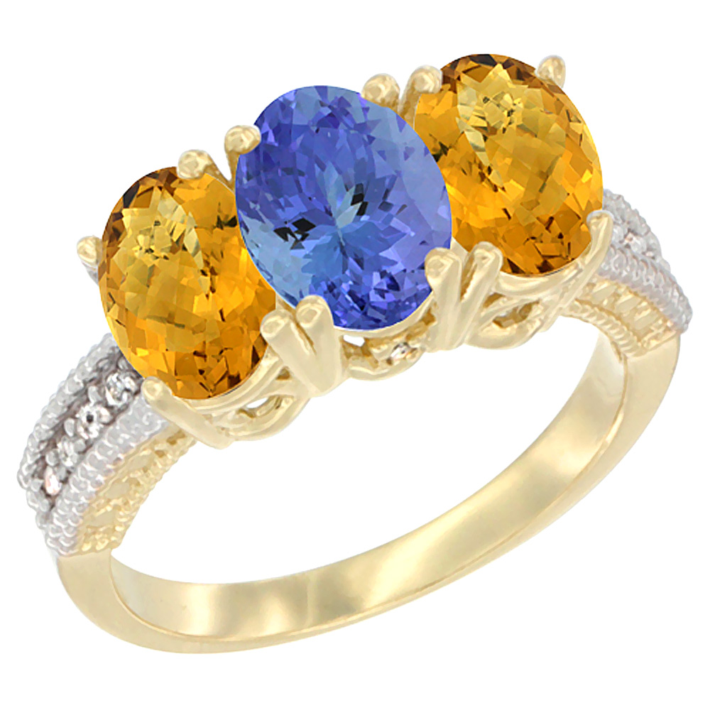 14K Yellow Gold Natural Tanzanite Ring with Whisky Quartz 3-Stone 7x5 mm Oval Diamond Accent, sizes 5 - 10