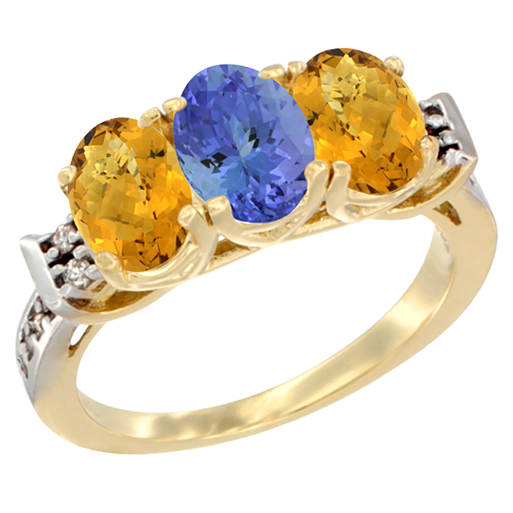 10K Yellow Gold Natural Tanzanite &amp; Whisky Quartz Sides Ring 3-Stone Oval 7x5 mm Diamond Accent, sizes 5 - 10