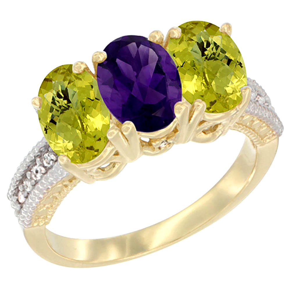 14K Yellow Gold Natural Amethyst Ring with Lemon Quartz 3-Stone 7x5 mm Oval Diamond Accent, sizes 5 - 10
