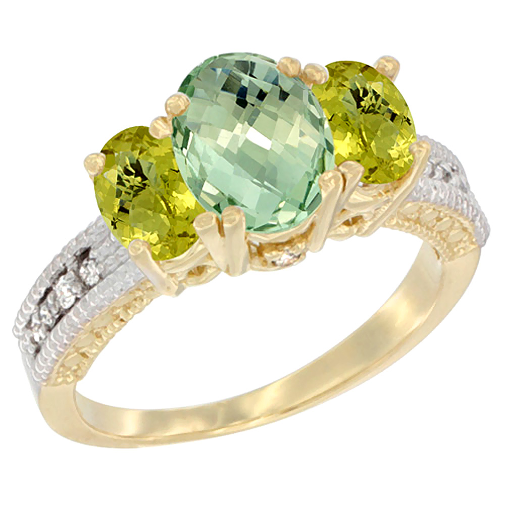 10K Yellow Gold Diamond Natural Green Amethyst Ring Oval 3-stone with Lemon Quartz, sizes 5 - 10