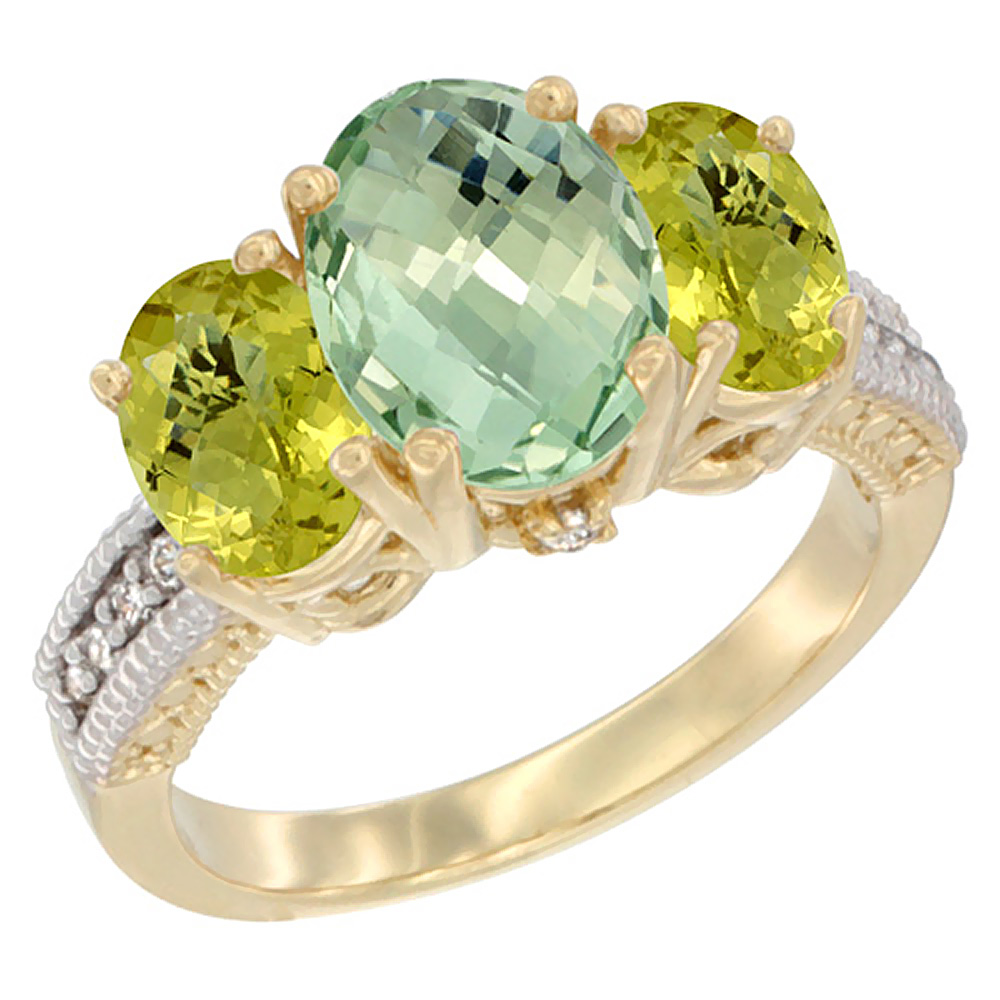14K Yellow Gold Diamond Natural Green Amethyst Ring 3-Stone Oval 8x6mm with Lemon Quartz, sizes5-10