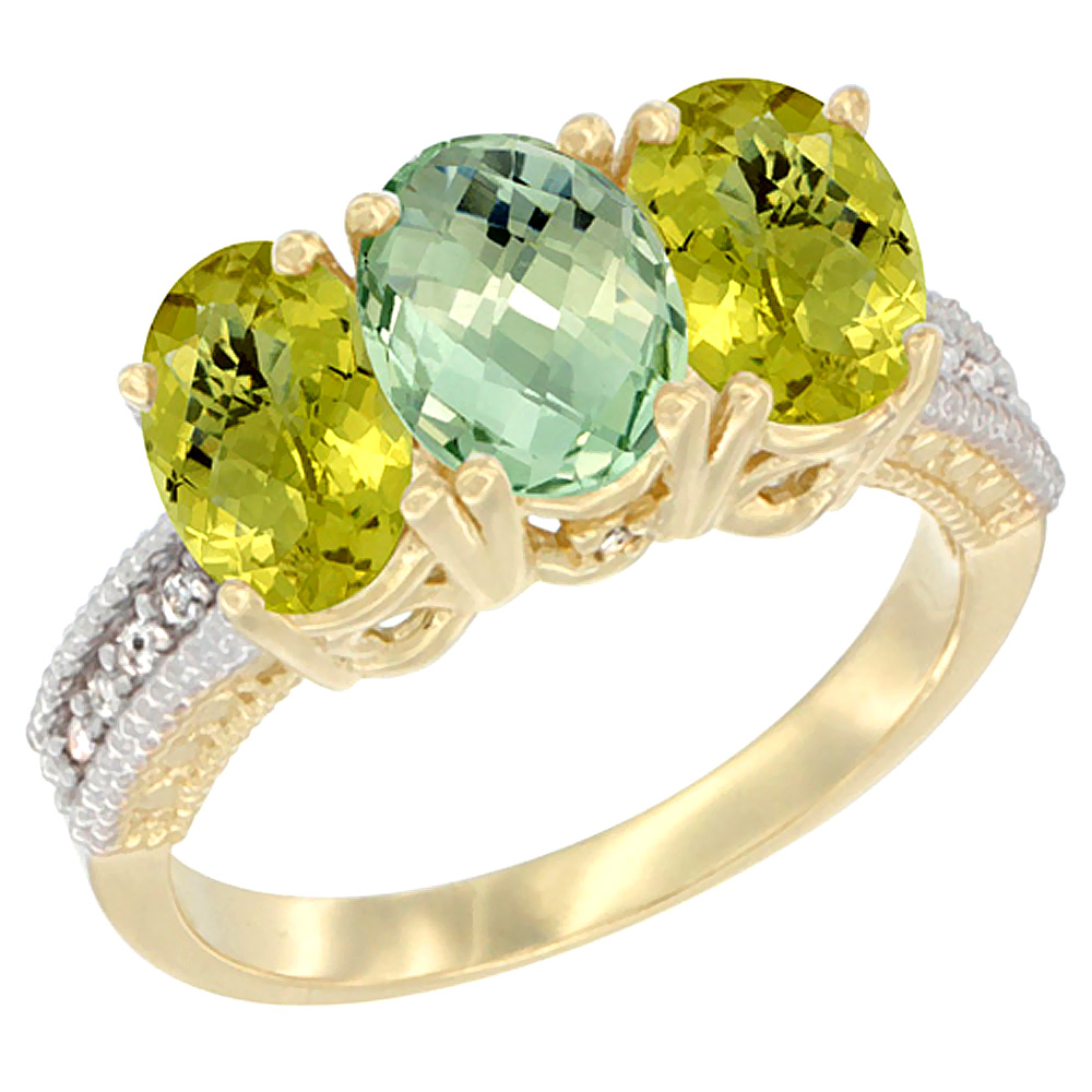 10K Yellow Gold Diamond Natural Green Amethyst &amp; Lemon Quartz Ring 3-Stone 7x5 mm Oval, sizes 5 - 10