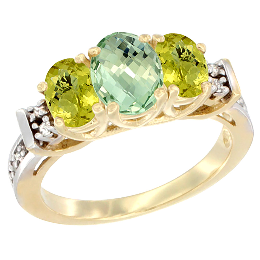 10K Yellow Gold Natural Green Amethyst &amp; Lemon Quartz Ring 3-Stone Oval Diamond Accent