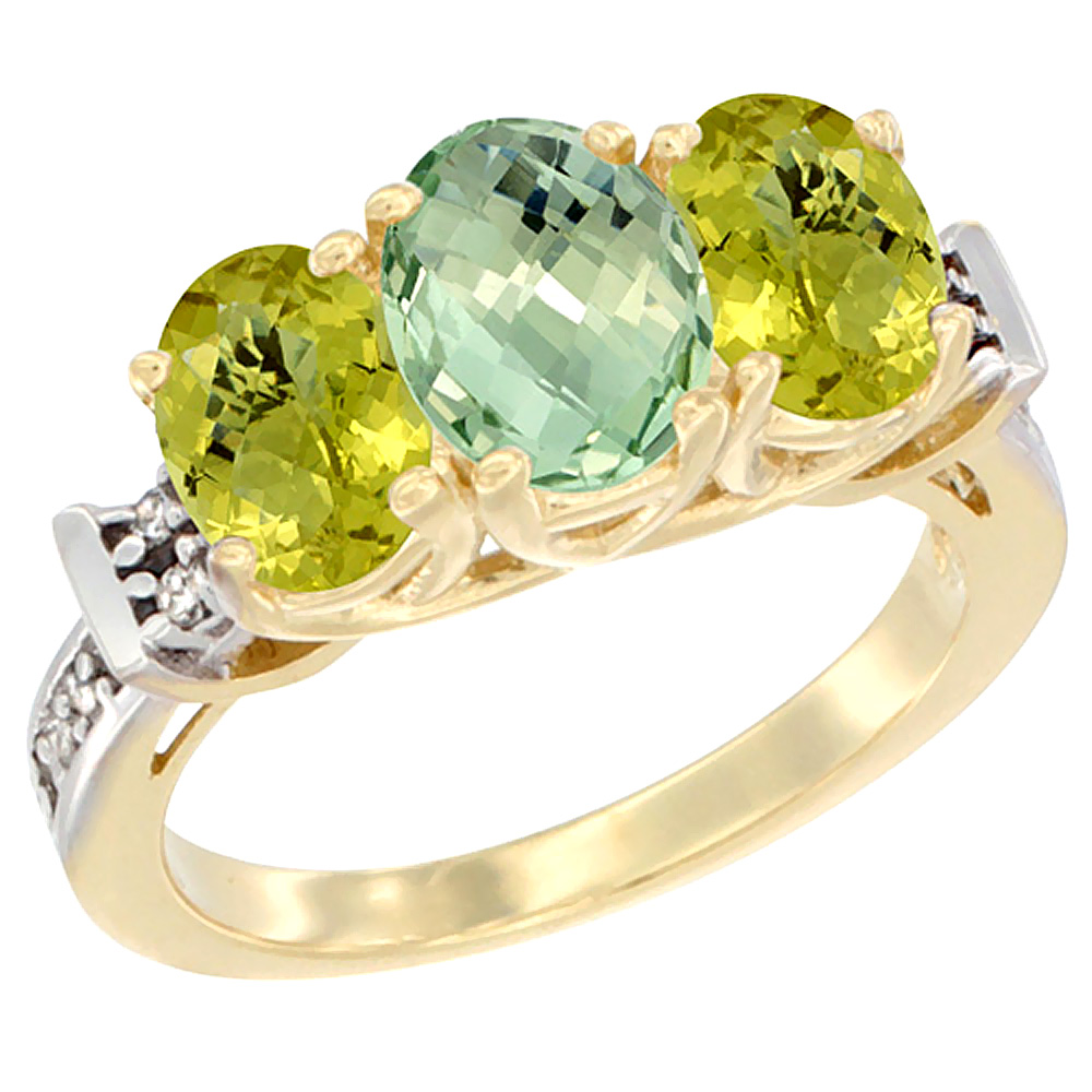 14K Yellow Gold Natural Green Amethyst & Lemon Quartz Sides Ring 3-Stone Oval Diamond Accent, sizes 5 - 10