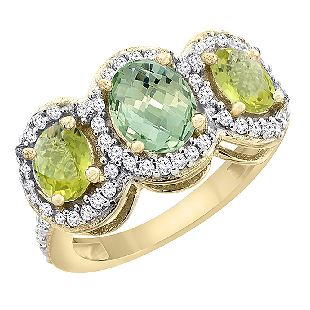14K Yellow Gold Natural Green Amethyst & Lemon Quartz 3-Stone Ring Oval Diamond Accent, sizes 5 - 10