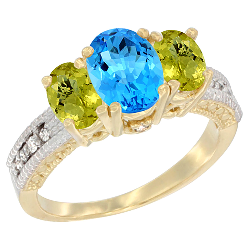 10K Yellow Gold Diamond Natural Swiss Blue Topaz Ring Oval 3-stone with Lemon Quartz, sizes 5 - 10